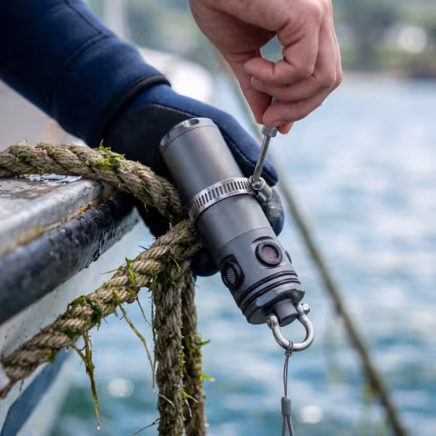 Data logger clipped to a mooring line, macro — Course imagery, monitoring deployment.